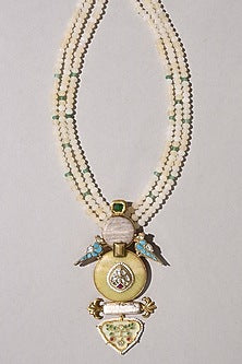 Gold Finish Agate & Kundan Polki Enameled Handcrafted Pendant Necklace
