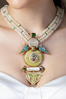 Gold Finish Agate & Kundan Polki Enameled Handcrafted Pendant Necklace