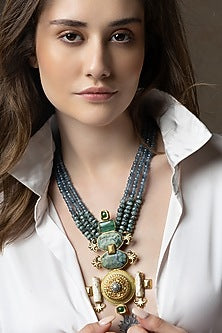 Blue Agate & Hydro Emerald Enameled Handcrafted Pendant Necklace