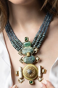 Blue Agate & Hydro Emerald Enameled Handcrafted Pendant Necklace