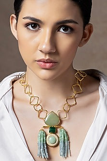 Gold Finish Jade & Agate Beaded Handcrafted Enameled Pendant Necklace