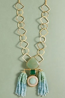 Gold Finish Jade & Agate Beaded Handcrafted Enameled Pendant Necklace