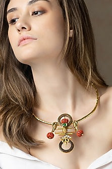 Gold Finish Coral Stone Handcrafted Enameled Pendant Necklace