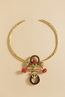 Gold Finish Coral Stone Handcrafted Enameled Pendant Necklace