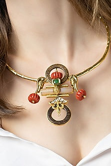 Gold Finish Coral Stone Handcrafted Enameled Pendant Necklace