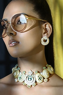 Gold Plated Hydro Emerald & Agate Beaded Enameled Choker Necklace Set