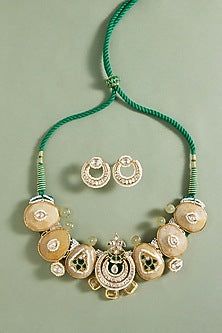 Gold Plated Hydro Emerald & Agate Beaded Enameled Choker Necklace Set