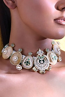 Gold Plated Hydro Emerald & Agate Beaded Enameled Choker Necklace Set