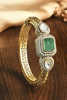 Gold Finish Mint Kundan Polki & Green Stone Kada