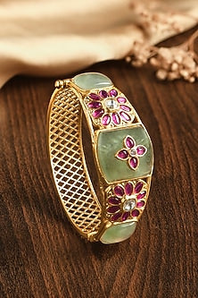 Gold Finish Light Green & Red Stone Motif Kada