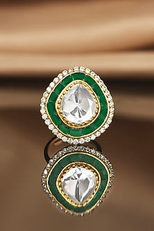 Gold Finish Green Kundan Polki Halo Ring