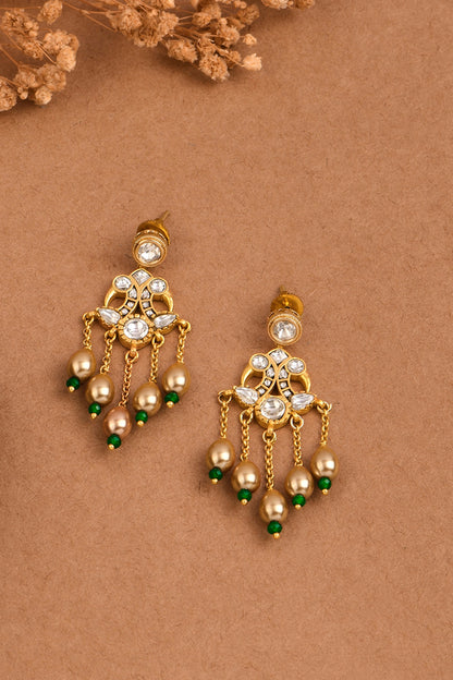 Gold Finish Emerald Pearl Jadau Dangler Earrings