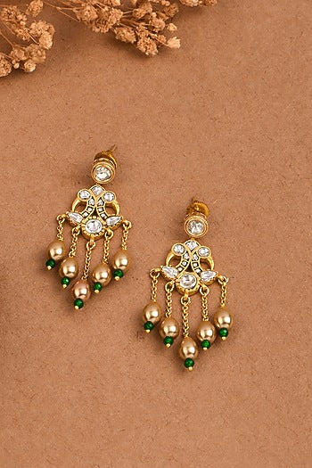 Gold Finish Emerald Pearl Jadau Dangler Earrings