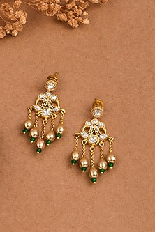 Gold Finish Emerald Pearl Jadau Dangler Earrings