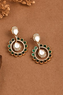 Gold Finish Jade Green Stone & Kundan Polki Dangler Earrings