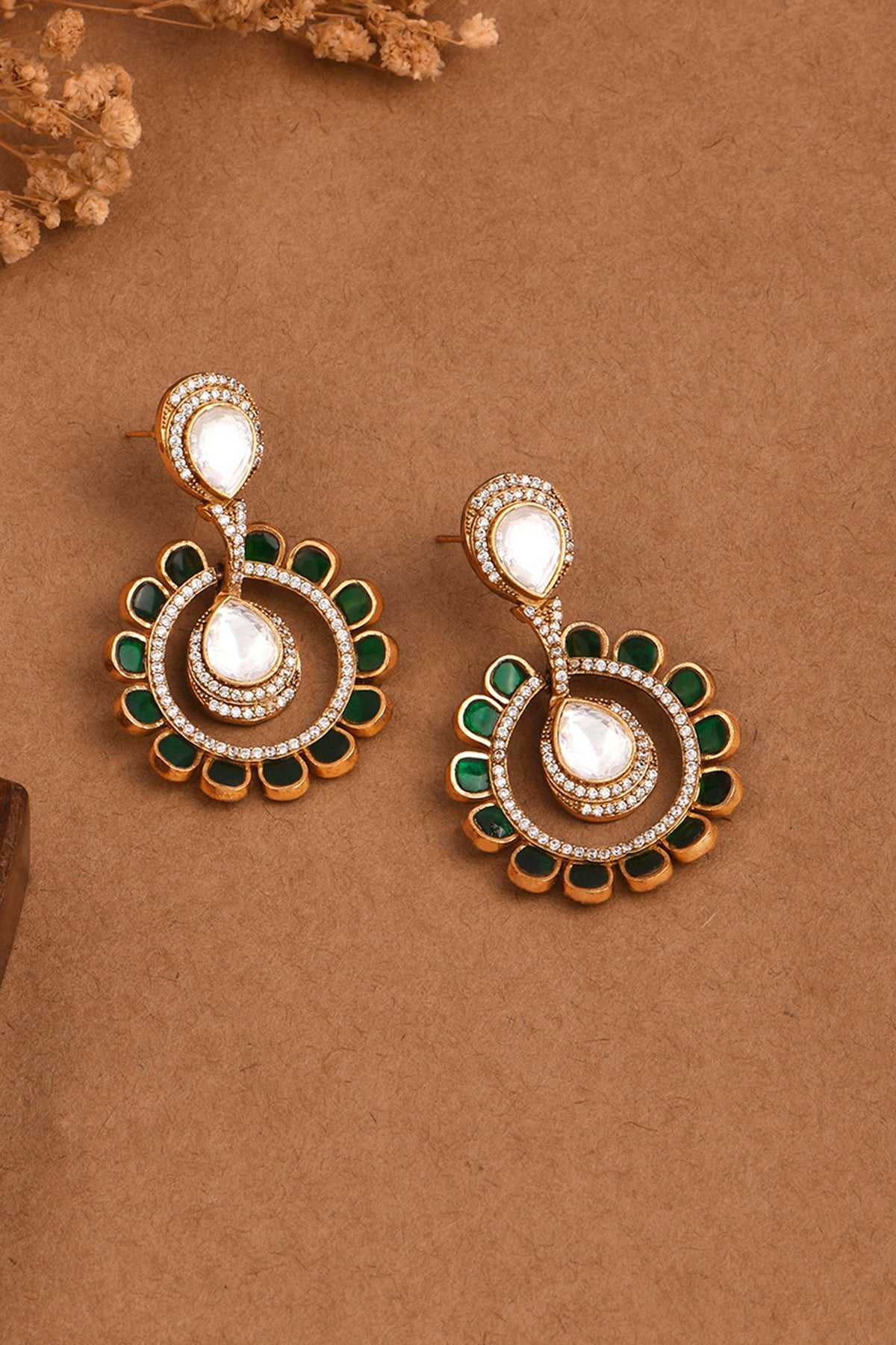 Gold Finish Jade Green Stone & Kundan Polki Dangler Earrings