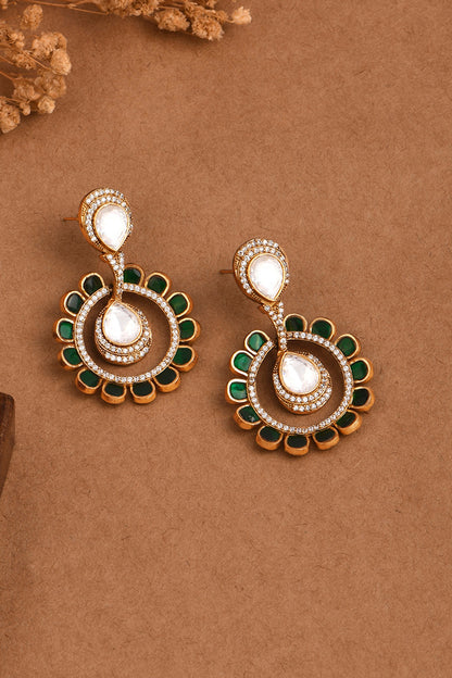 Gold Finish Jade Green Stone & Kundan Polki Dangler Earrings