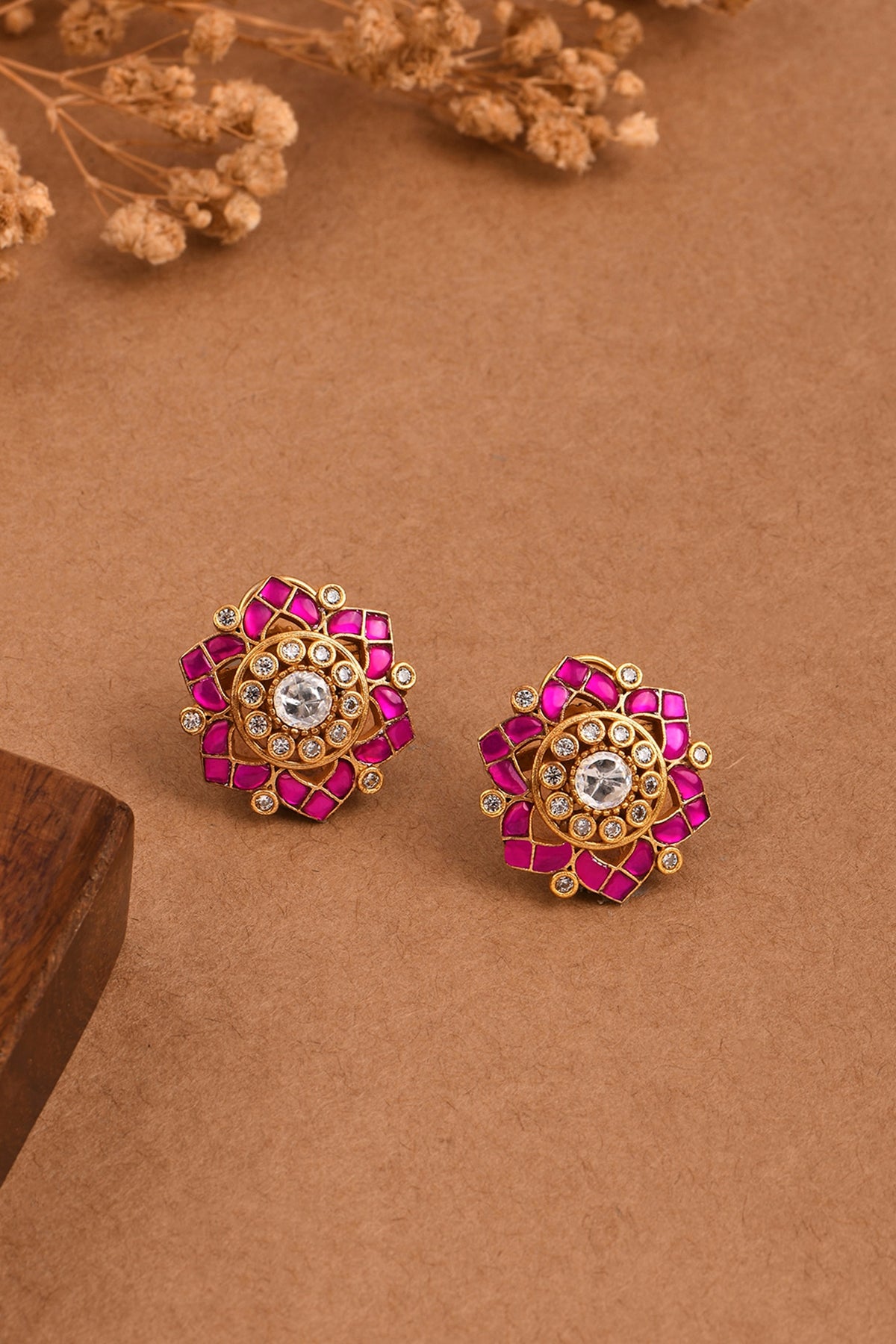 Gold Finish Pink Stone Stud Earrings