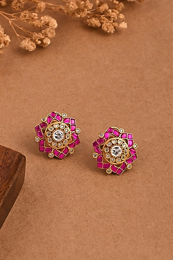 Gold Finish Pink Stone Stud Earrings