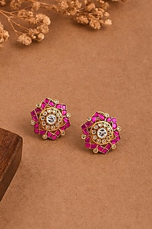 Gold Finish Pink Stone Stud Earrings