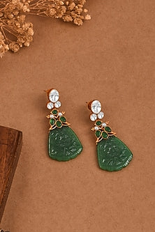 Gold Finish Green Stone & Motifs Dangler Earrings