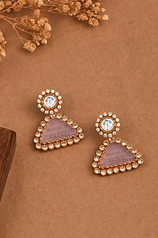 Gold Finish Pink Stone Triangle Drop Earrings