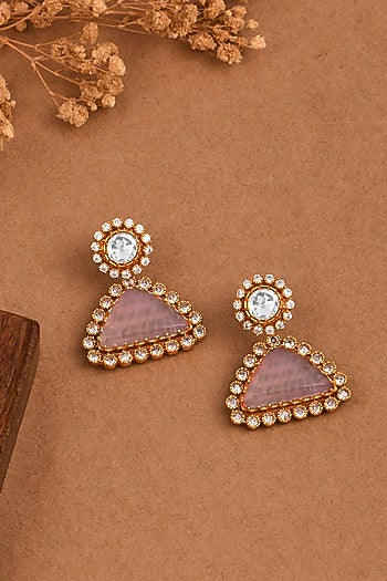 Gold Finish Pink Stone Triangle Drop Earrings