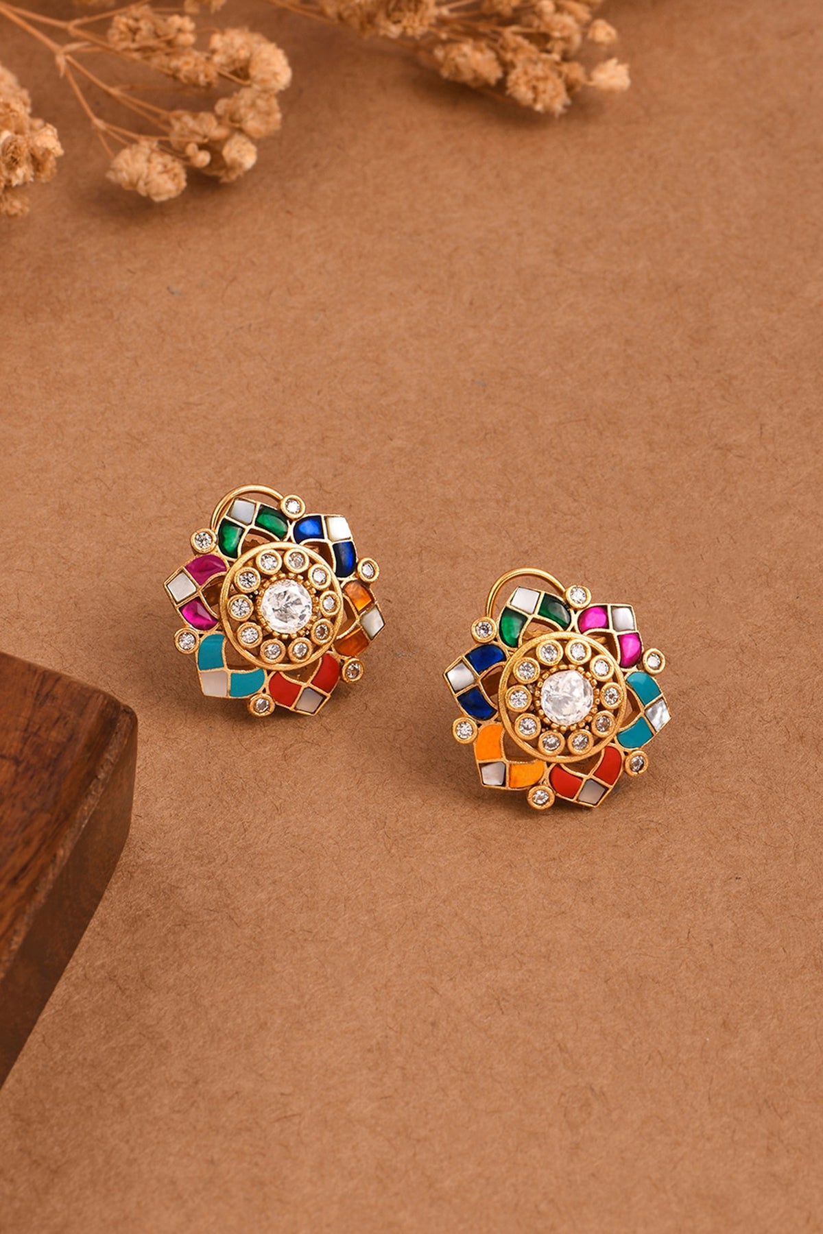 Gold Finish Multi-Colored Stone Star Shaped Stud Earrings