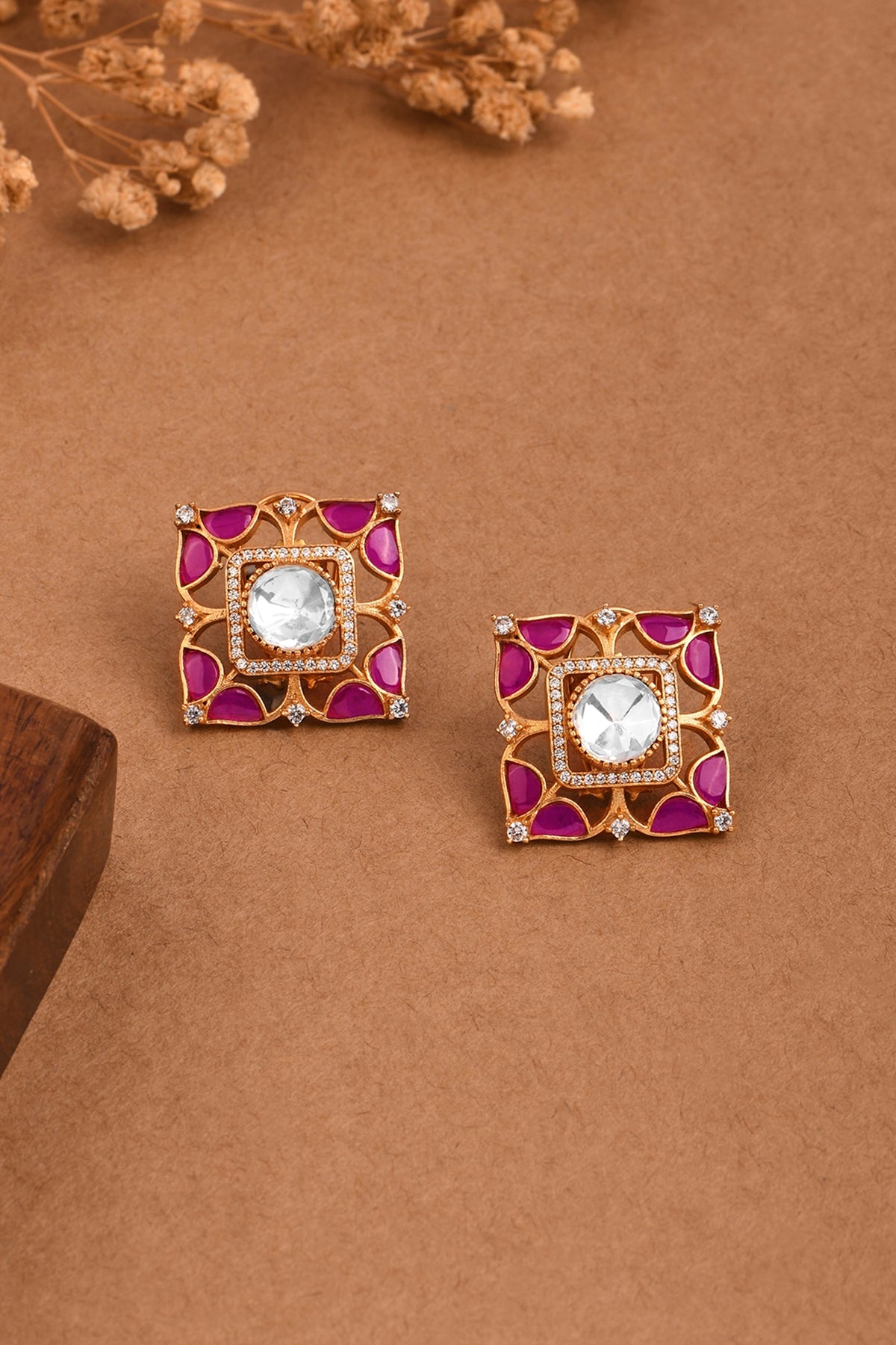 Gold Finish Pink Stone Square Stud Earrings