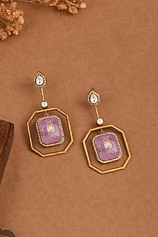 Gold Finish Pink Stone Drop Earrings