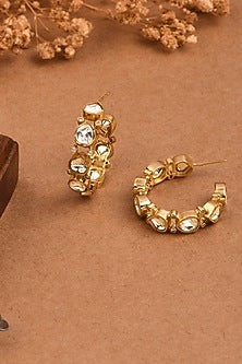 Gold Finish Kundan Polki Half Hoop Earrings