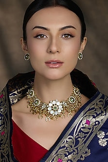 Antique Gold Finish Stone Floral Choker Necklace Set