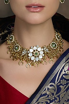 Antique Gold Finish Stone Floral Choker Necklace Set