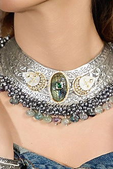 Oxidised Silver Finish Green Gemstone Floral Choker Necklace