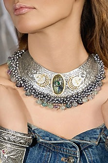 Oxidised Silver Finish Green Gemstone Floral Choker Necklace
