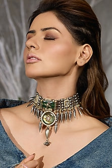 Oxidised Silver Finish Motif Choker Necklace