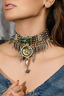 Oxidised Silver Finish Motif Choker Necklace