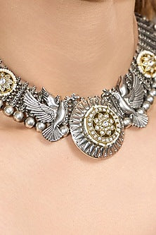 Oxidised Silver Finish Motif Choker Necklace