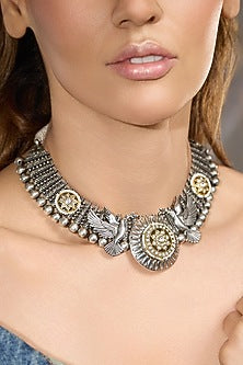 Oxidised Silver Finish Motif Choker Necklace