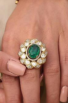 Yellow Gold Finish Green Gemstone Floral Ring