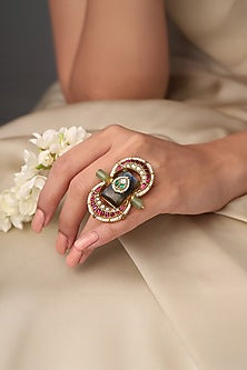Yellow Gold Finish Green Gemstone Meenakari Ring