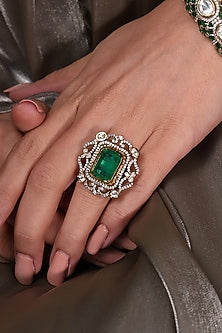 Yellow Gold Finish Kundan Polki & Emerald Stone Ring