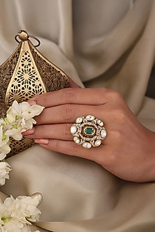 Yellow Gold Finish Green Stone Floral Ring