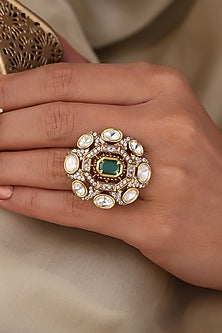 Yellow Gold Finish Green Stone Floral Ring