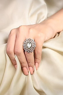 Yellow Gold Finish Kundan Polki & Pearl Drop Ring