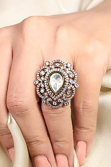 Yellow Gold Finish Kundan Polki & Pearl Drop Ring