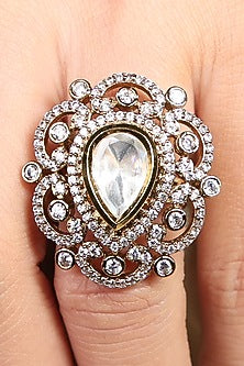 Yellow Gold Finish Kundan Polki & Pearl Drop Ring