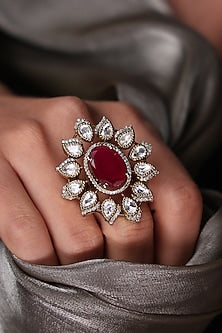 Yellow Gold Finish Kundan Polki & Red Stone Ring