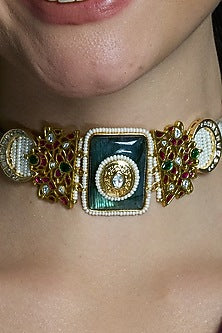 Yellow Gold Finish Blue Stone Choker Necklace