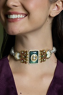 Yellow Gold Finish Blue Stone Choker Necklace